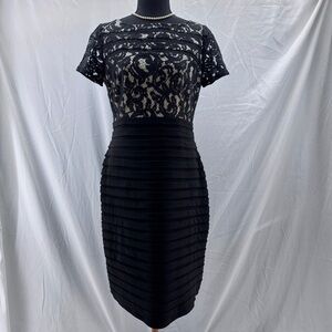 Adrianna Papell Little Black Dress Scroll Lace & Shutter Pleat Sheath Size 8